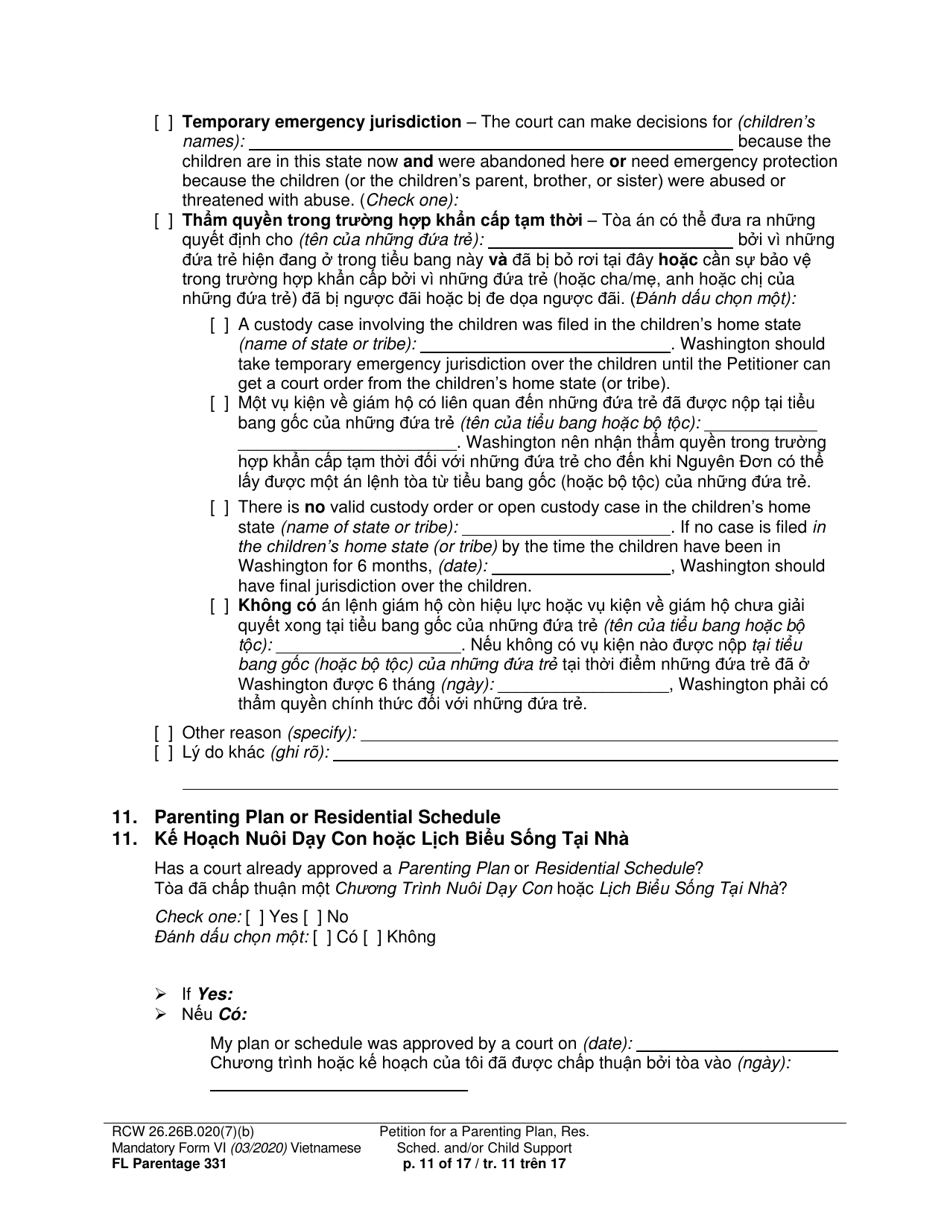Form FL Parentage331 Petition for a Parenting Plan, Residential Schedule and / or Child Support - Washington (English / Vietnamese), Page 11