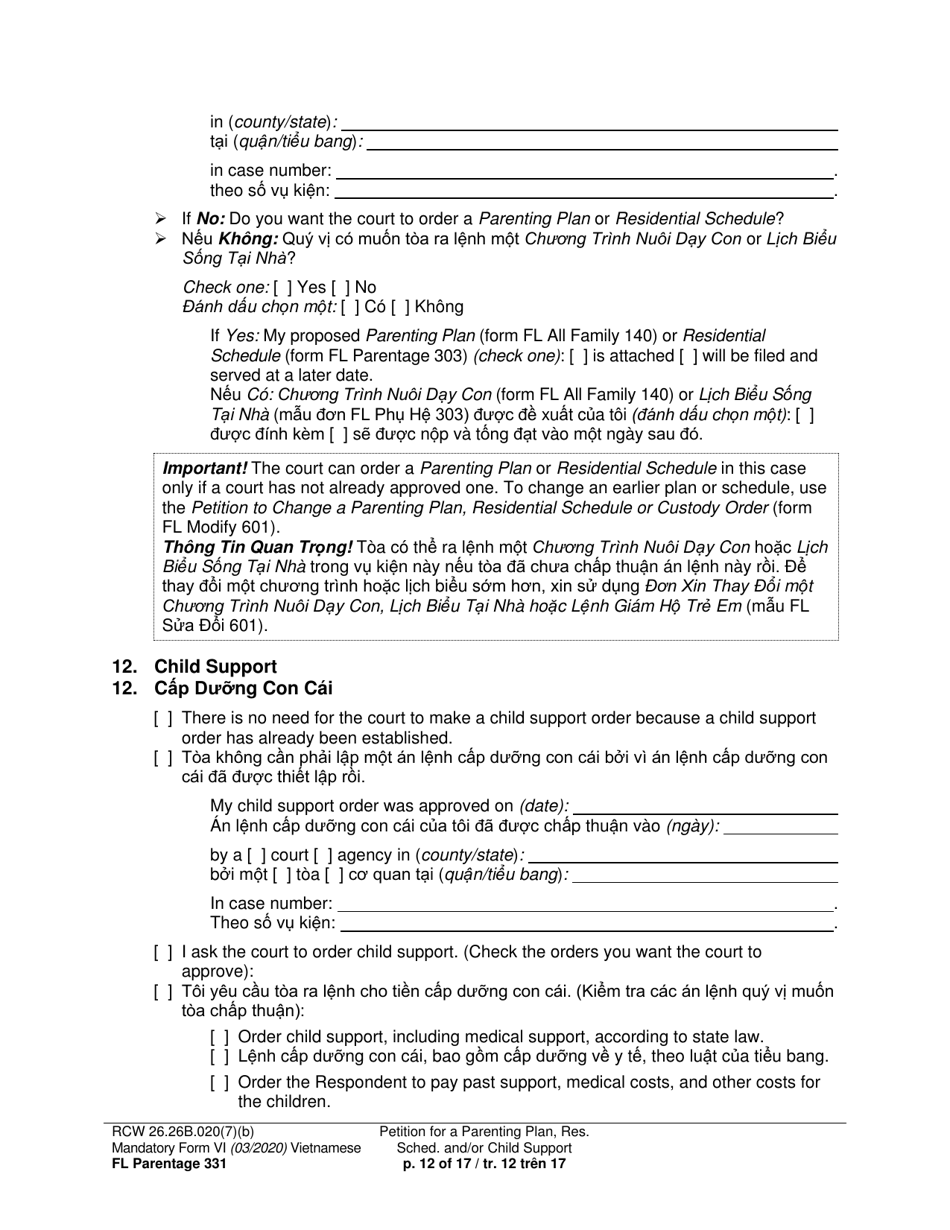 Form FL Parentage331 Petition for a Parenting Plan, Residential Schedule and / or Child Support - Washington (English / Vietnamese), Page 12