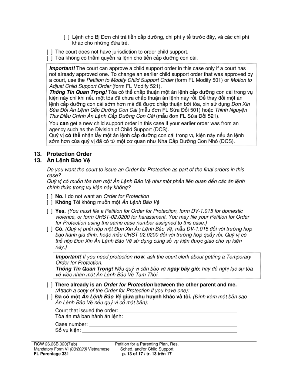 Form FL Parentage331 Petition for a Parenting Plan, Residential Schedule and / or Child Support - Washington (English / Vietnamese), Page 13