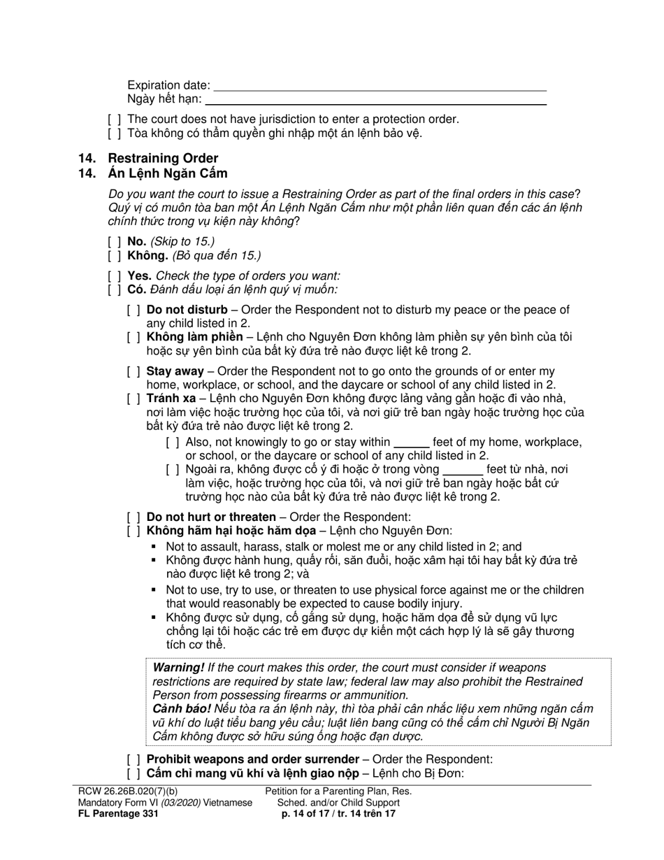 Form FL Parentage331 Petition for a Parenting Plan, Residential Schedule and / or Child Support - Washington (English / Vietnamese), Page 14