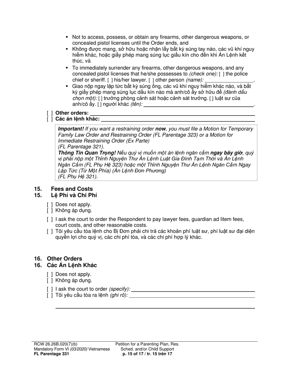 Form FL Parentage331 Petition for a Parenting Plan, Residential Schedule and / or Child Support - Washington (English / Vietnamese), Page 15