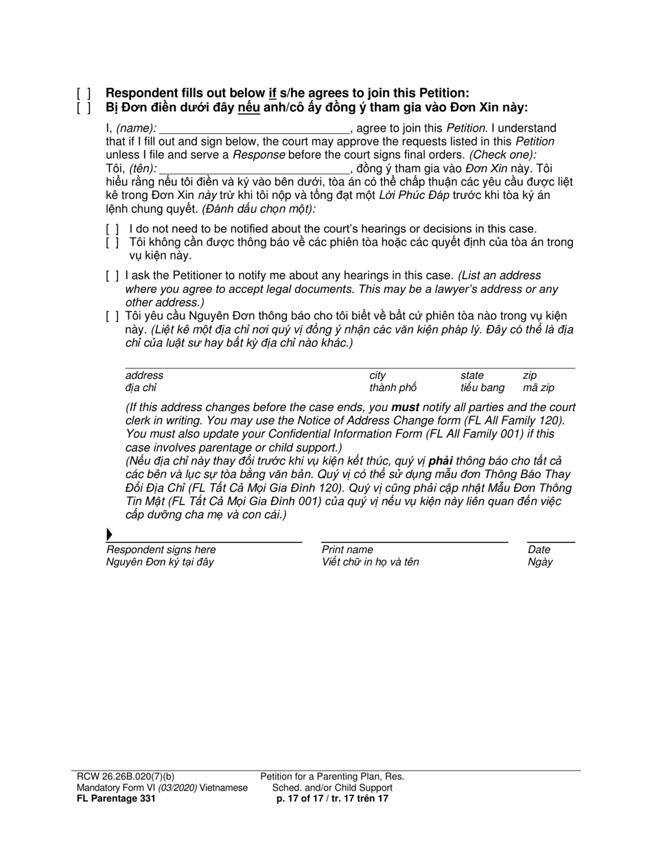 Form FL Parentage331 Petition for a Parenting Plan, Residential Schedule and / or Child Support - Washington (English / Vietnamese), Page 17