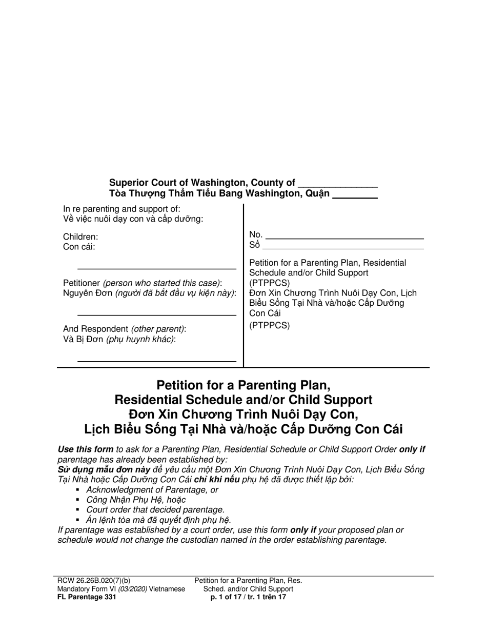Form FL Parentage331 Petition for a Parenting Plan, Residential Schedule and/or Child Support - Washington (English/Vietnamese), Page 1