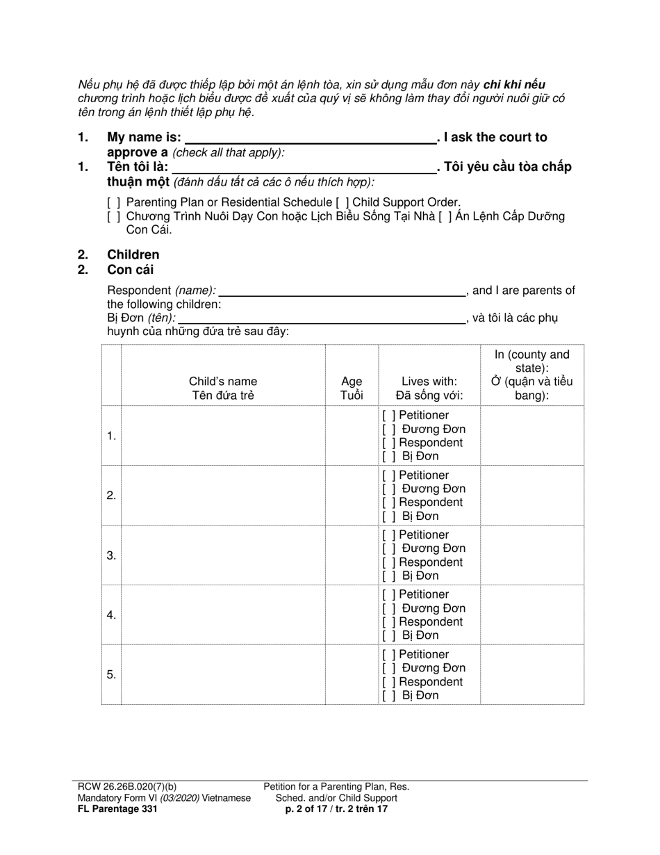 Form FL Parentage331 Petition for a Parenting Plan, Residential Schedule and / or Child Support - Washington (English / Vietnamese), Page 2