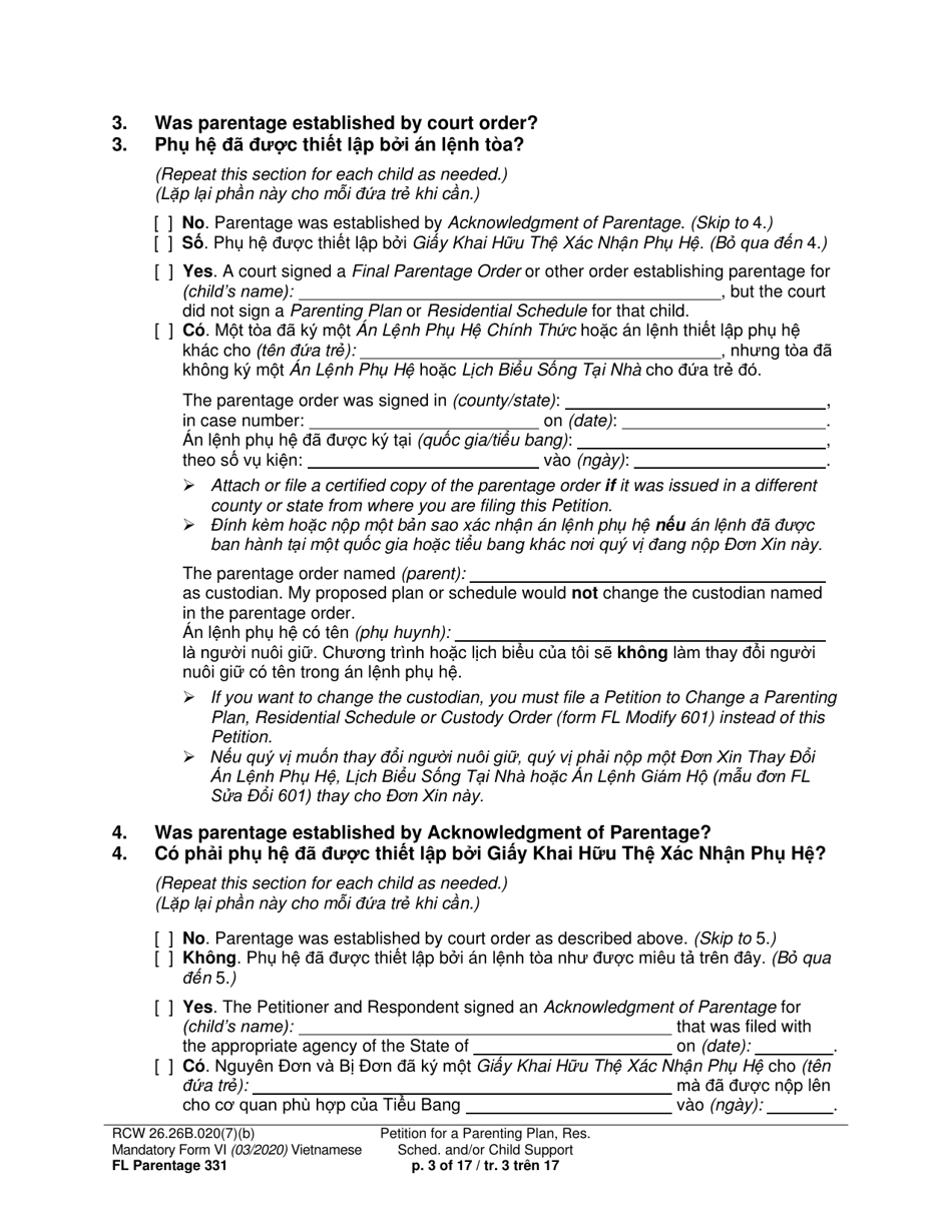 Form FL Parentage331 Petition for a Parenting Plan, Residential Schedule and / or Child Support - Washington (English / Vietnamese), Page 3