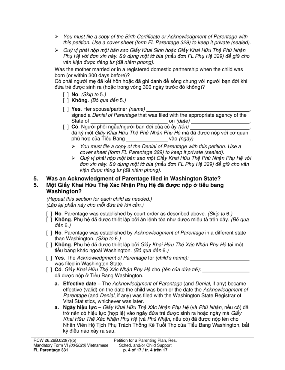 Form FL Parentage331 Petition for a Parenting Plan, Residential Schedule and / or Child Support - Washington (English / Vietnamese), Page 4