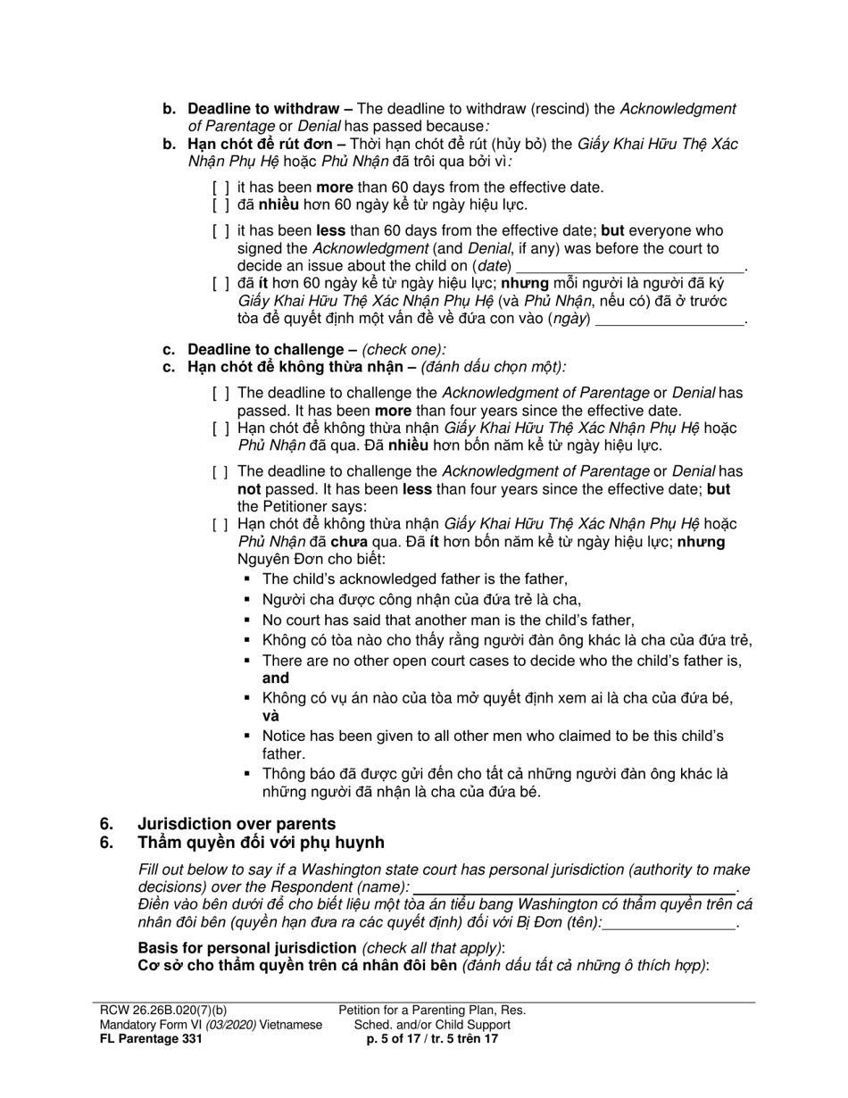Form FL Parentage331 Petition for a Parenting Plan, Residential Schedule and / or Child Support - Washington (English / Vietnamese), Page 5