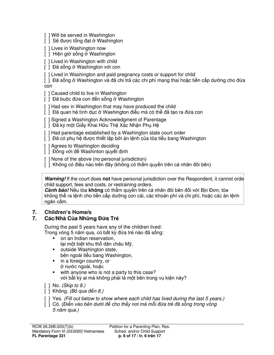 Form FL Parentage331 Petition for a Parenting Plan, Residential Schedule and / or Child Support - Washington (English / Vietnamese), Page 6