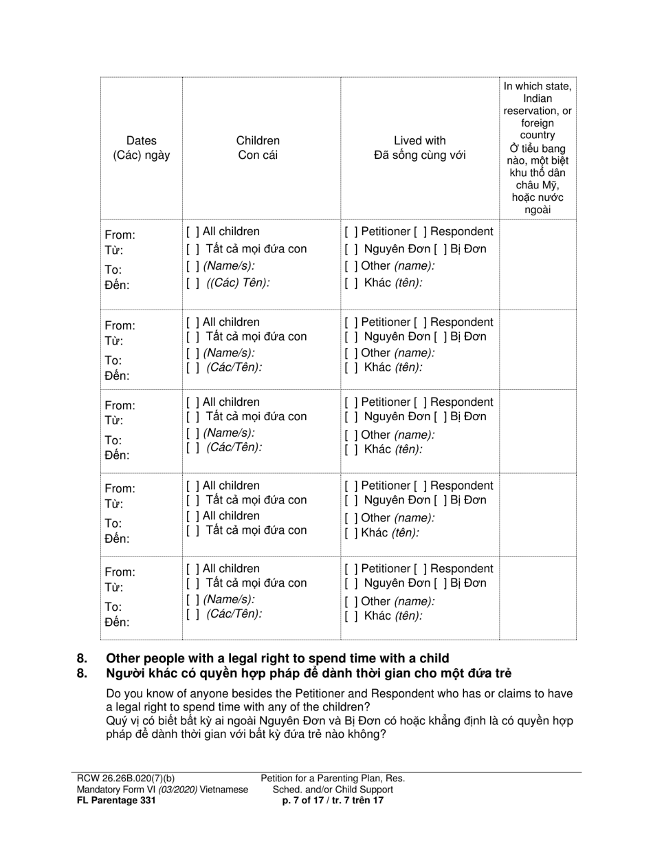 Form FL Parentage331 Petition for a Parenting Plan, Residential Schedule and / or Child Support - Washington (English / Vietnamese), Page 7
