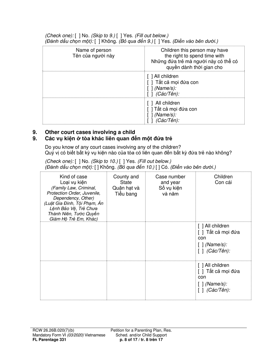Form FL Parentage331 Petition for a Parenting Plan, Residential Schedule and / or Child Support - Washington (English / Vietnamese), Page 8