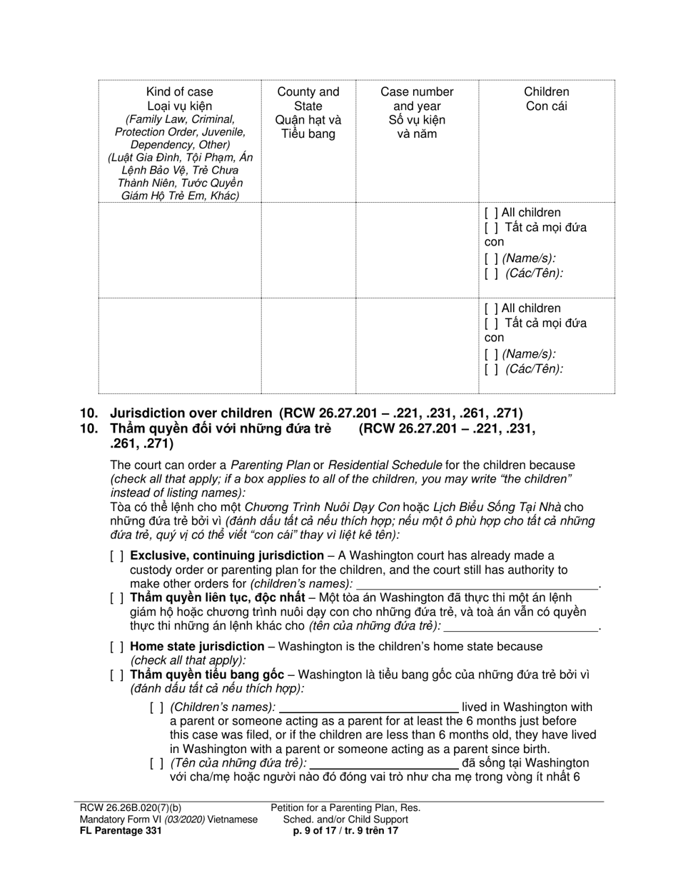 Form FL Parentage331 Petition for a Parenting Plan, Residential Schedule and / or Child Support - Washington (English / Vietnamese), Page 9