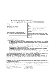 Document preview: Form FL Modify601 Petition to Change a Parenting Plan, Residential Schedule or Custody Order (Ptmd) - Washington (English/Vietnamese)