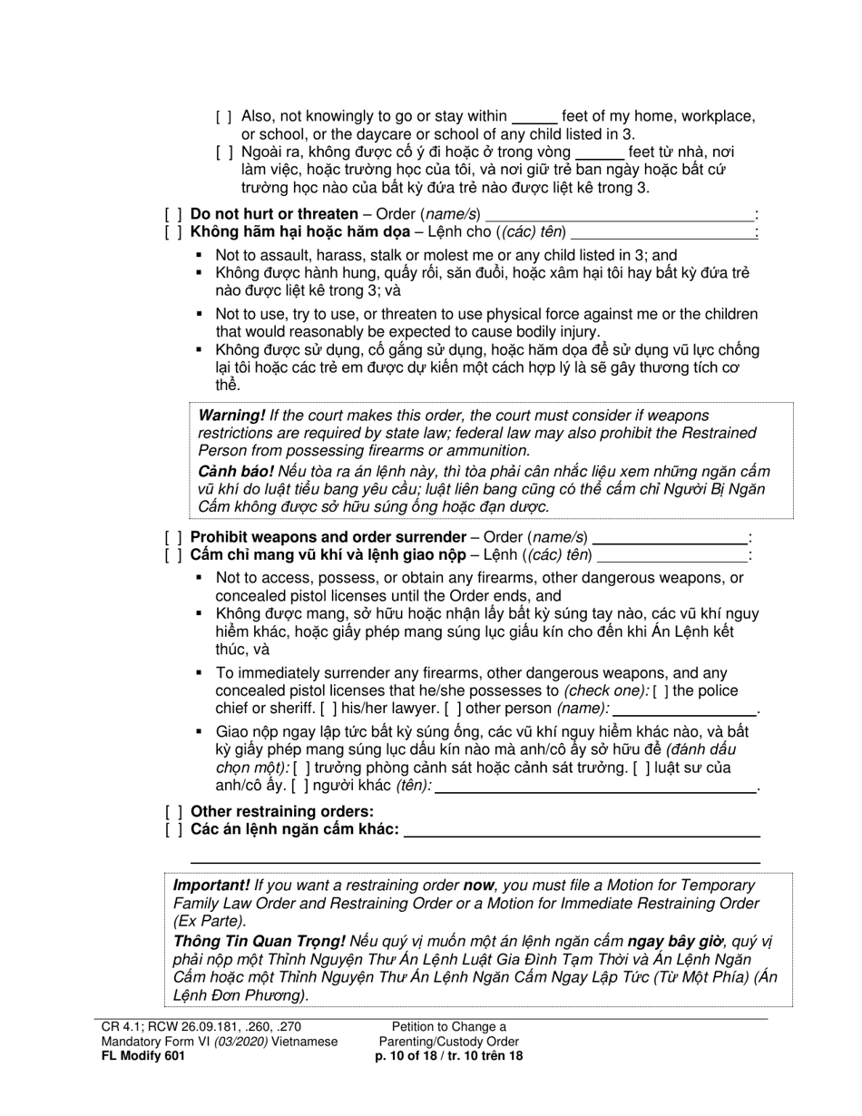 Form FL Modify601 Petition to Change a Parenting Plan, Residential Schedule or Custody Order (Ptmd) - Washington (English / Vietnamese), Page 10