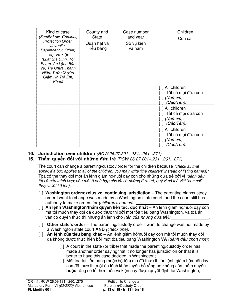 Form FL Modify601 Petition to Change a Parenting Plan, Residential Schedule or Custody Order (Ptmd) - Washington (English / Vietnamese), Page 13