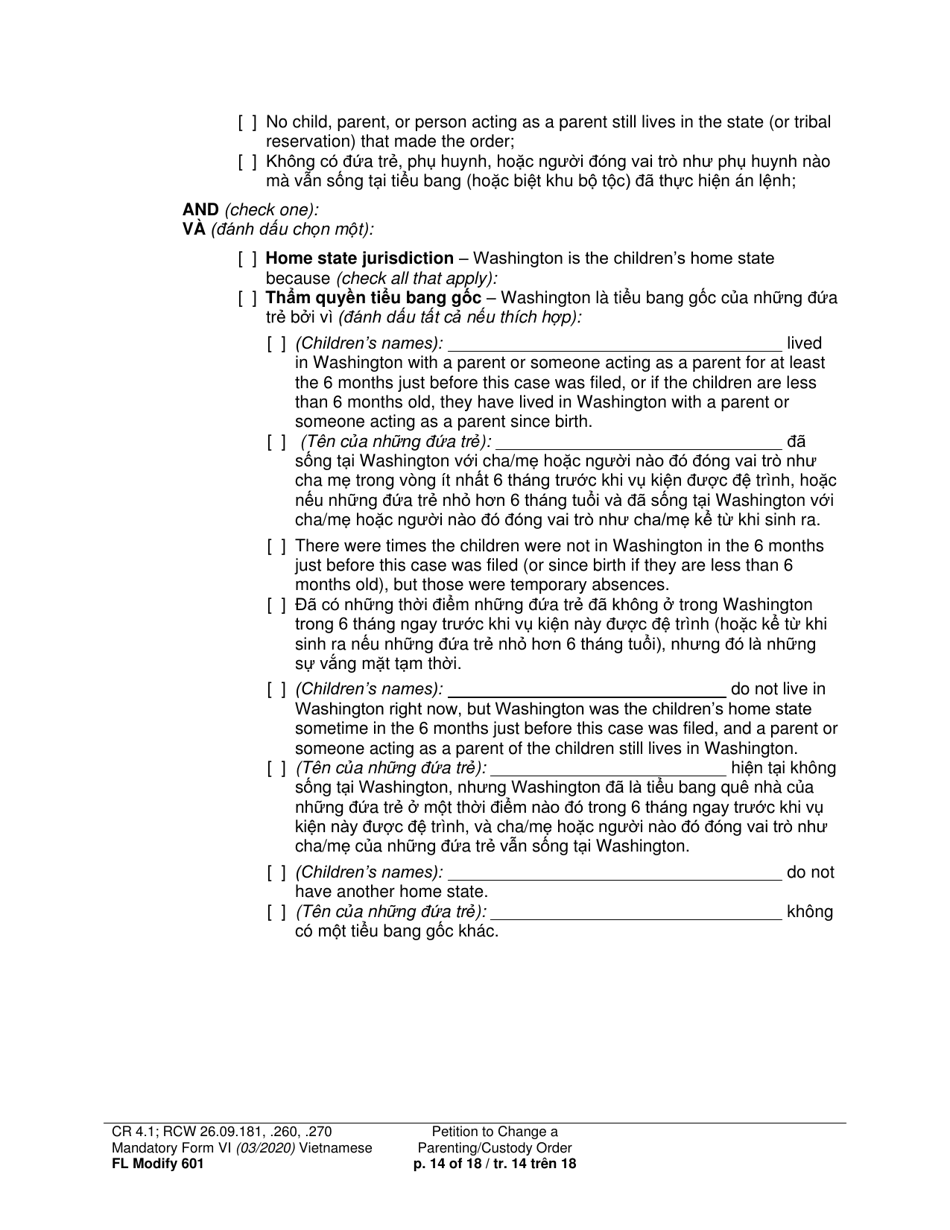 Form FL Modify601 Petition to Change a Parenting Plan, Residential Schedule or Custody Order (Ptmd) - Washington (English / Vietnamese), Page 14