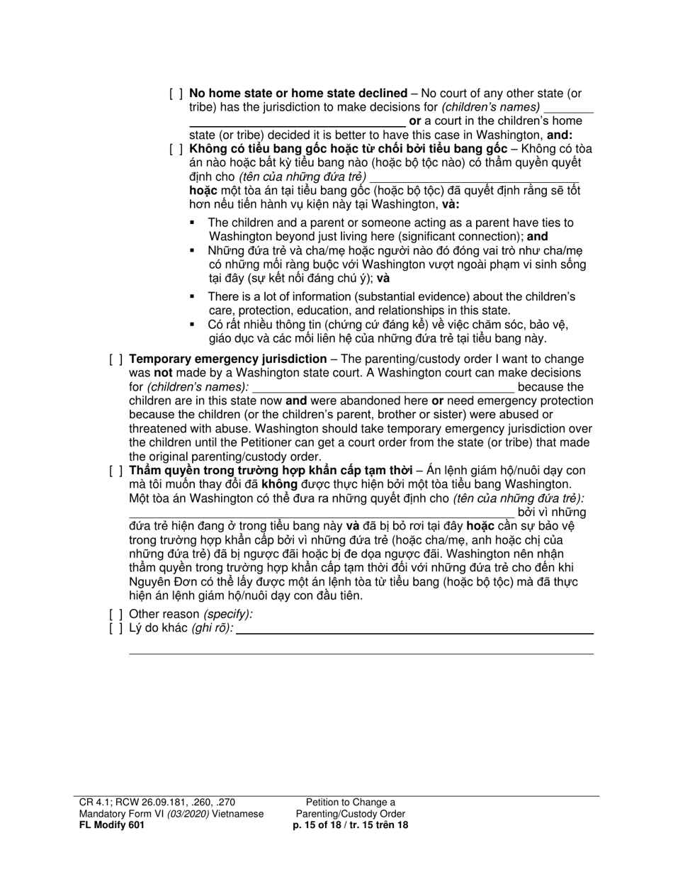 Form FL Modify601 Petition to Change a Parenting Plan, Residential Schedule or Custody Order (Ptmd) - Washington (English / Vietnamese), Page 15