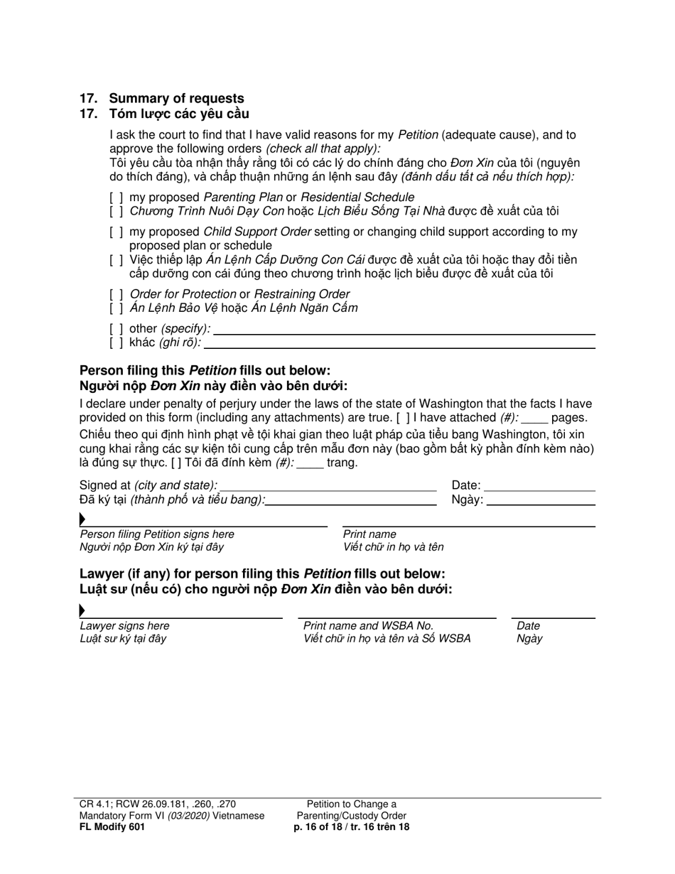 Form FL Modify601 Petition to Change a Parenting Plan, Residential Schedule or Custody Order (Ptmd) - Washington (English / Vietnamese), Page 16