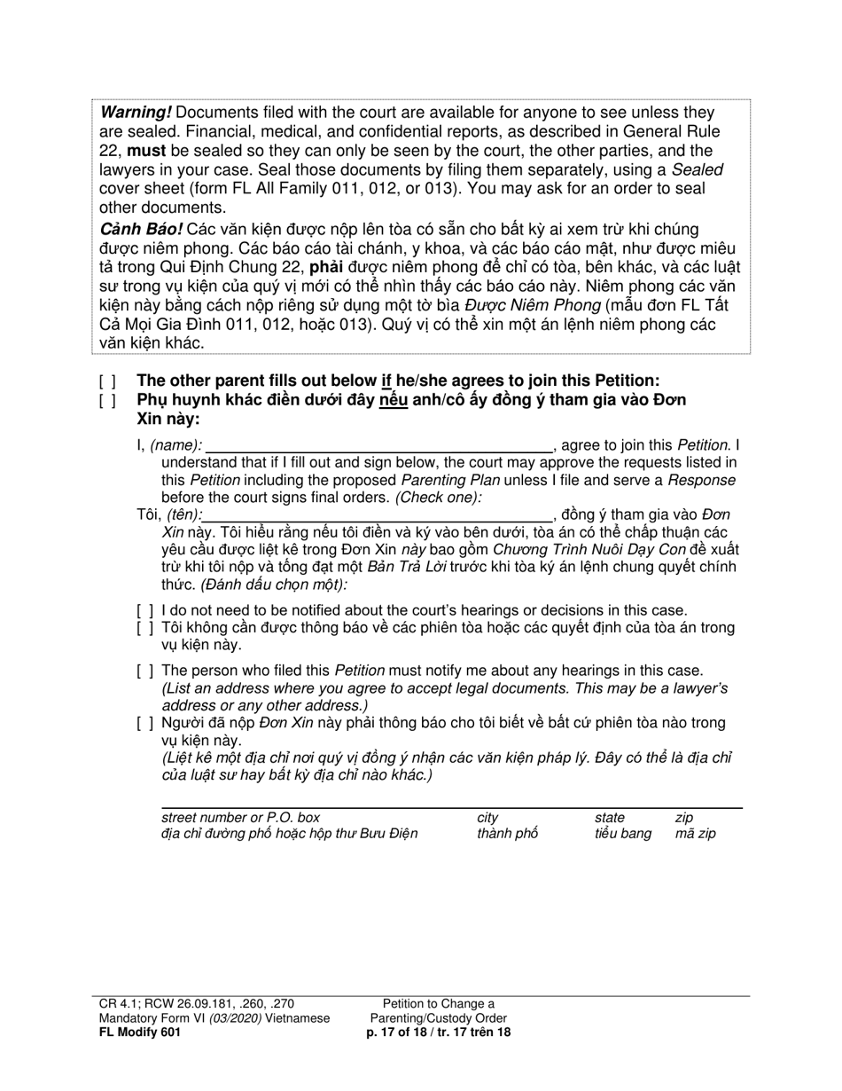 Form FL Modify601 Petition to Change a Parenting Plan, Residential Schedule or Custody Order (Ptmd) - Washington (English / Vietnamese), Page 17