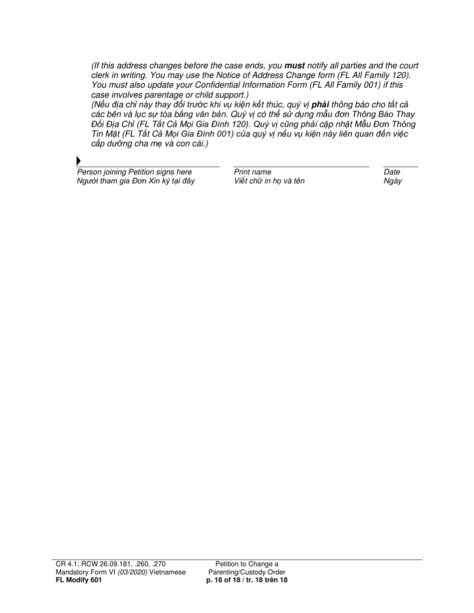 Form FL Modify601 Petition to Change a Parenting Plan, Residential Schedule or Custody Order (Ptmd) - Washington (English / Vietnamese), Page 18