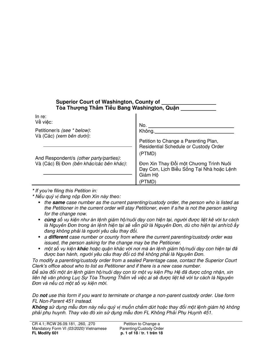 Form FL Modify601 Petition to Change a Parenting Plan, Residential Schedule or Custody Order (Ptmd) - Washington (English / Vietnamese), Page 1