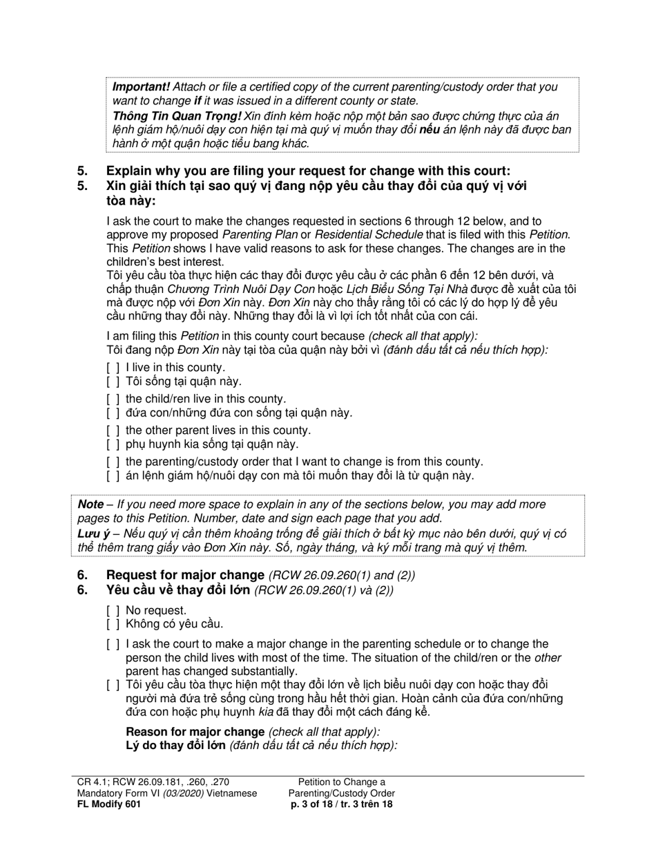 Form FL Modify601 Petition to Change a Parenting Plan, Residential Schedule or Custody Order (Ptmd) - Washington (English / Vietnamese), Page 3