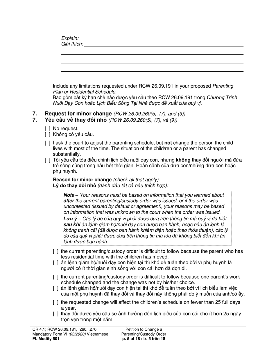 Form FL Modify601 Petition to Change a Parenting Plan, Residential Schedule or Custody Order (Ptmd) - Washington (English / Vietnamese), Page 5