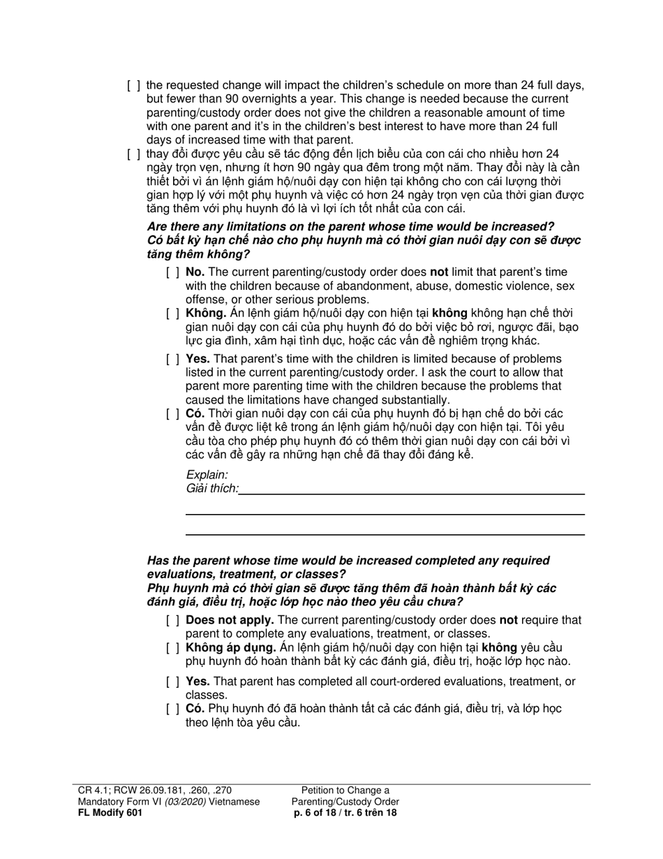Form FL Modify601 Petition to Change a Parenting Plan, Residential Schedule or Custody Order (Ptmd) - Washington (English / Vietnamese), Page 6