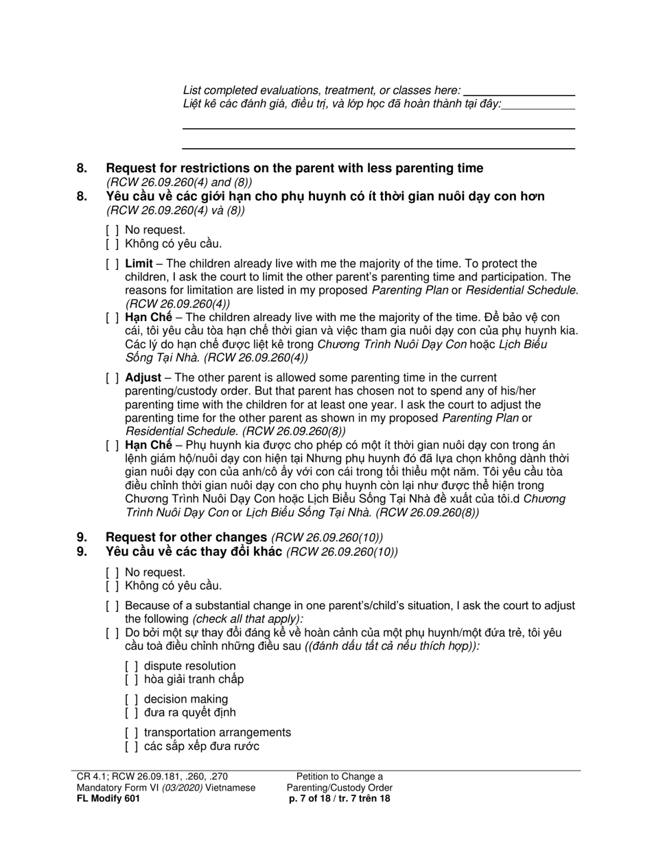Form FL Modify601 Petition to Change a Parenting Plan, Residential Schedule or Custody Order (Ptmd) - Washington (English / Vietnamese), Page 7