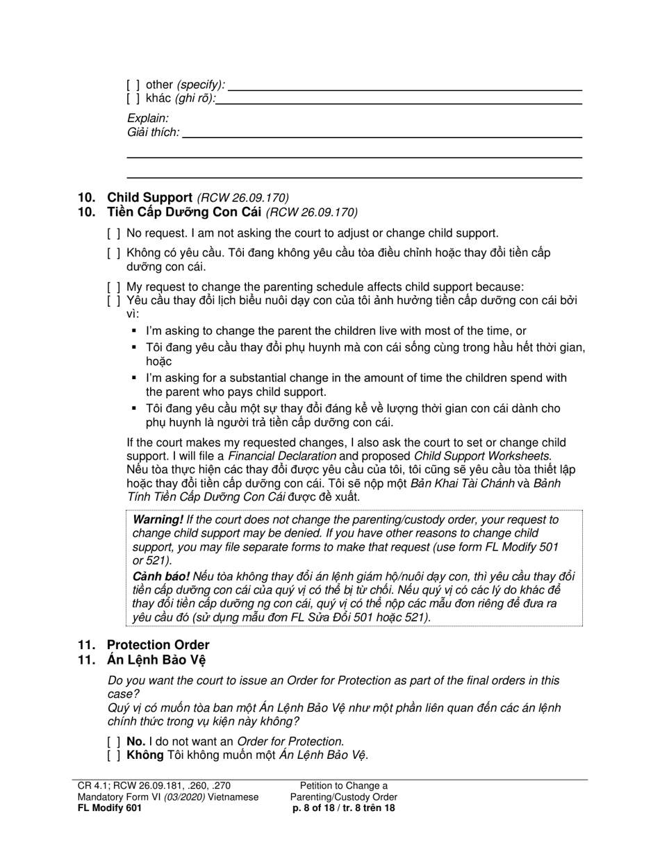 Form FL Modify601 Petition to Change a Parenting Plan, Residential Schedule or Custody Order (Ptmd) - Washington (English / Vietnamese), Page 8