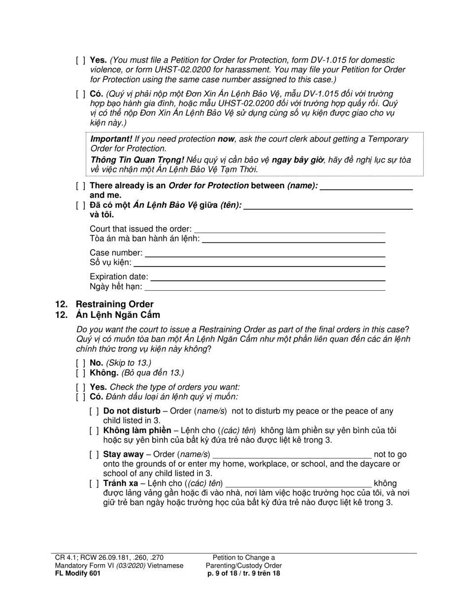 Form FL Modify601 Petition to Change a Parenting Plan, Residential Schedule or Custody Order (Ptmd) - Washington (English / Vietnamese), Page 9