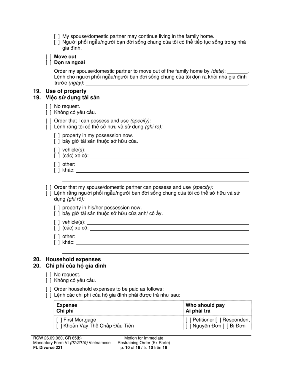 Form FL Divorce221 Motion for Immediate Restraining Order (Ex Parte) - Washington (English / Vietnamese), Page 10