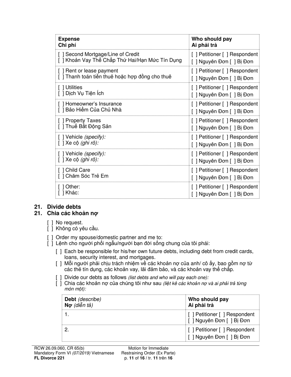 Form FL Divorce221 Motion for Immediate Restraining Order (Ex Parte) - Washington (English / Vietnamese), Page 11