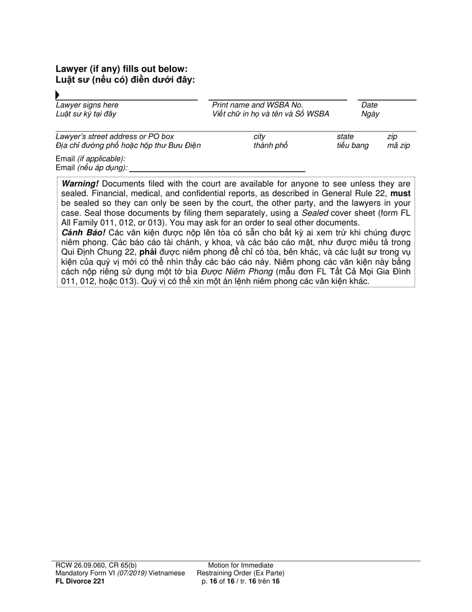 Form FL Divorce221 Motion for Immediate Restraining Order (Ex Parte) - Washington (English / Vietnamese), Page 16