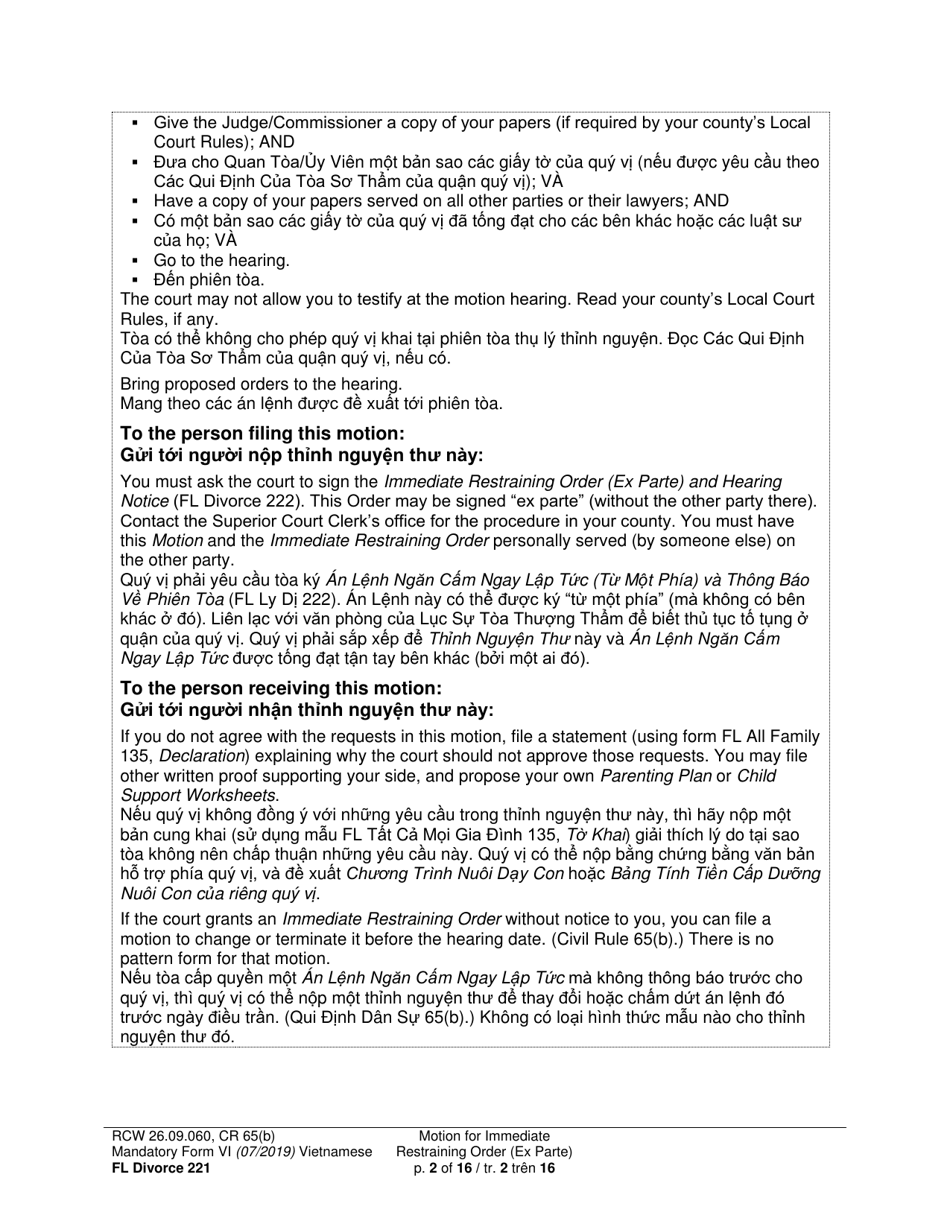 Form FL Divorce221 Motion for Immediate Restraining Order (Ex Parte) - Washington (English / Vietnamese), Page 2