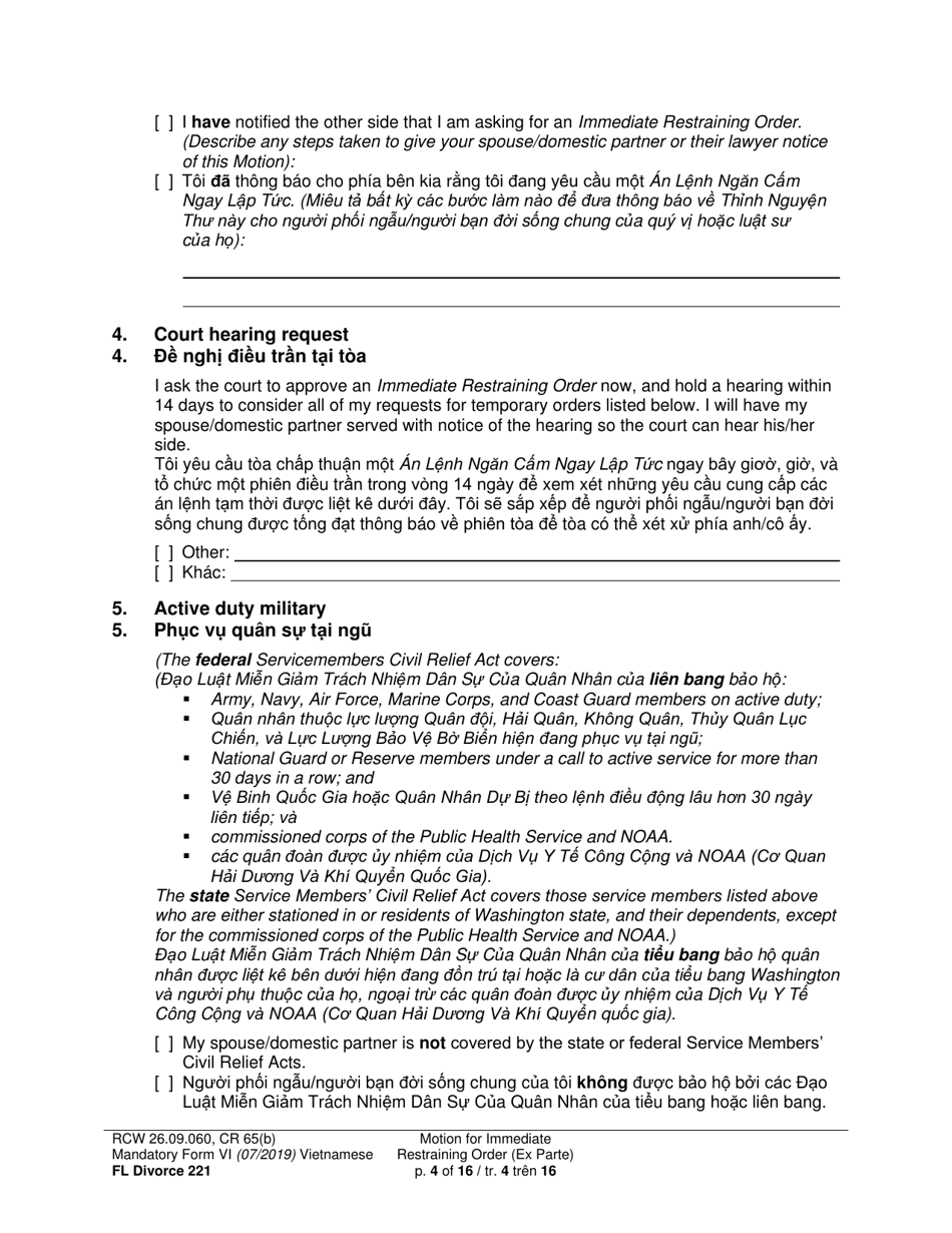 Form FL Divorce221 Motion for Immediate Restraining Order (Ex Parte) - Washington (English / Vietnamese), Page 4