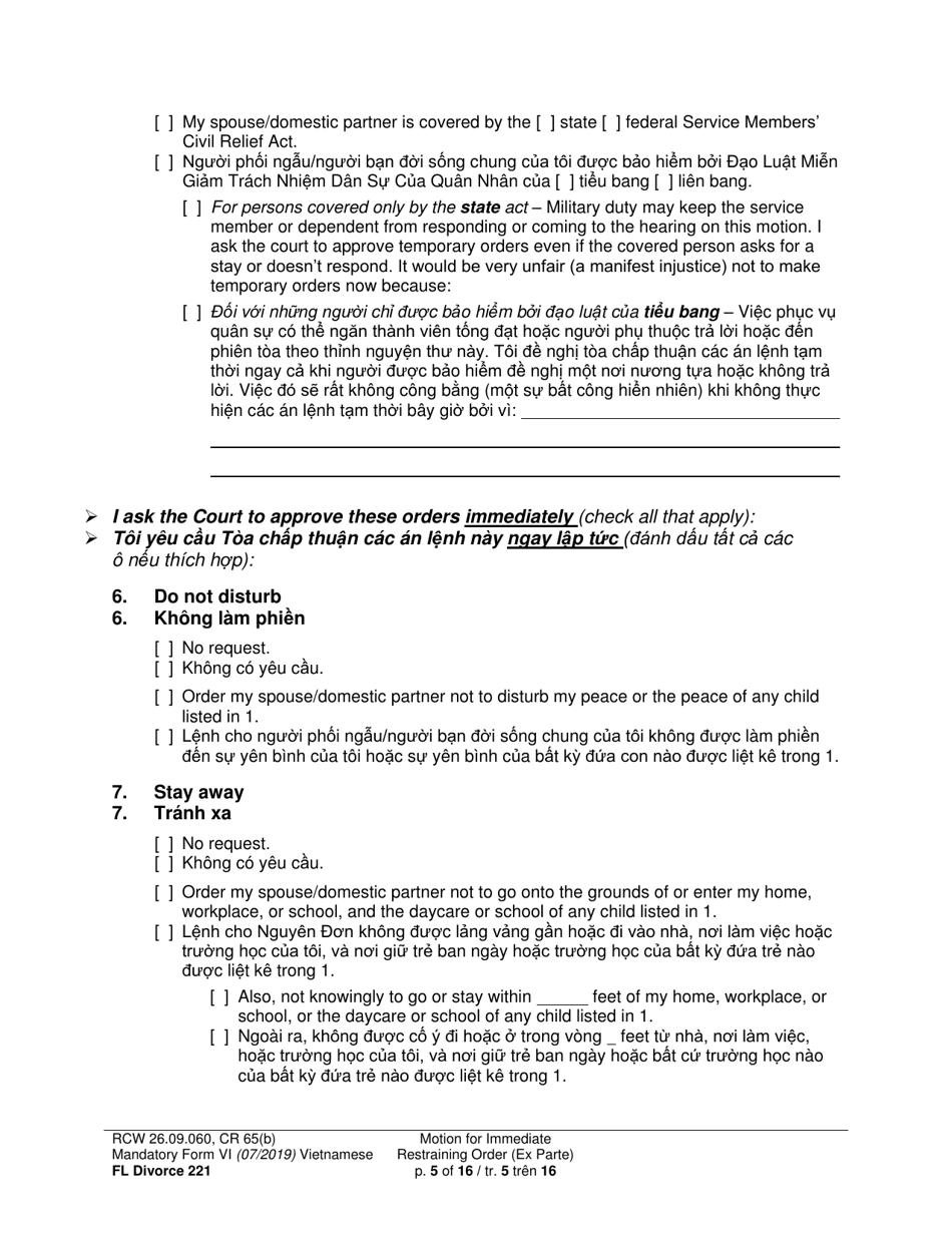 Form FL Divorce221 Motion for Immediate Restraining Order (Ex Parte) - Washington (English / Vietnamese), Page 5
