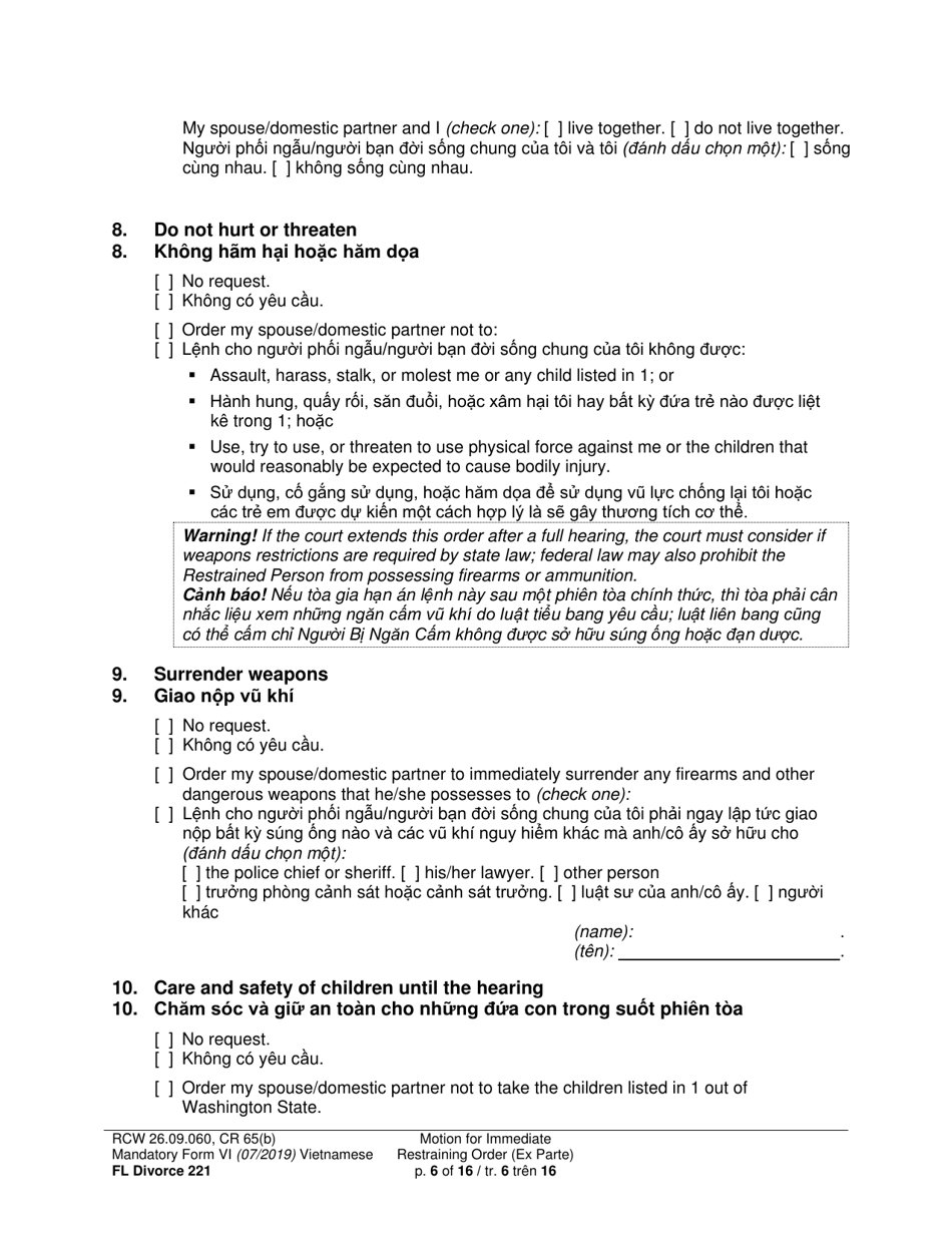 Form FL Divorce221 Motion for Immediate Restraining Order (Ex Parte) - Washington (English / Vietnamese), Page 6