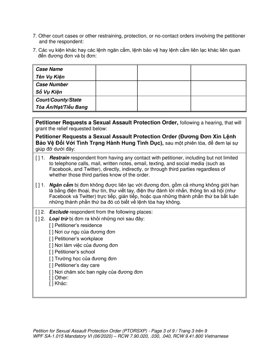 Form WPF SA-1.015 Petition for Sexual Assault Protection Order - Washington (English / Vietnamese), Page 3