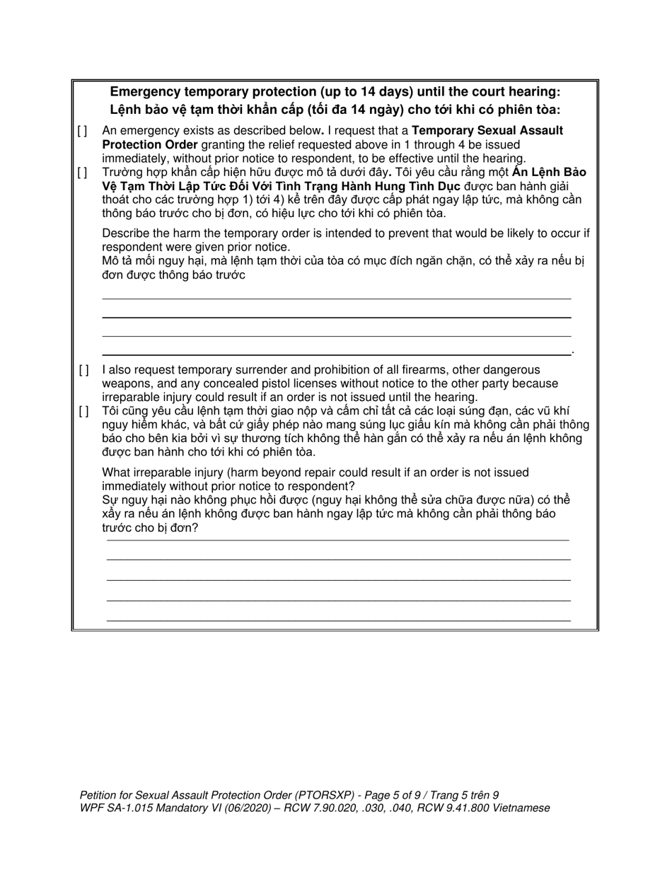 Form WPF SA-1.015 Petition for Sexual Assault Protection Order - Washington (English / Vietnamese), Page 5