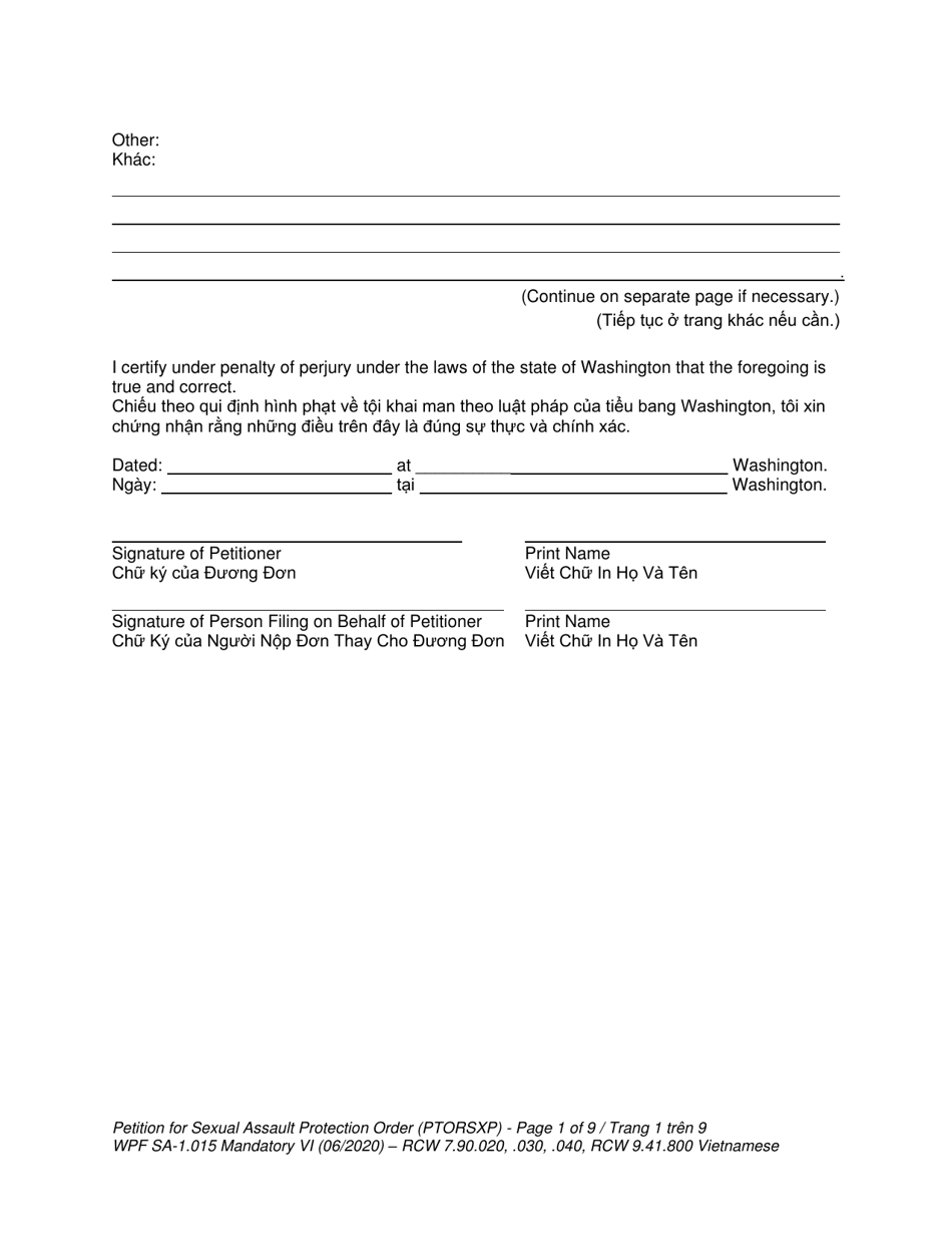 Form WPF SA-1.015 Petition for Sexual Assault Protection Order - Washington (English / Vietnamese), Page 9