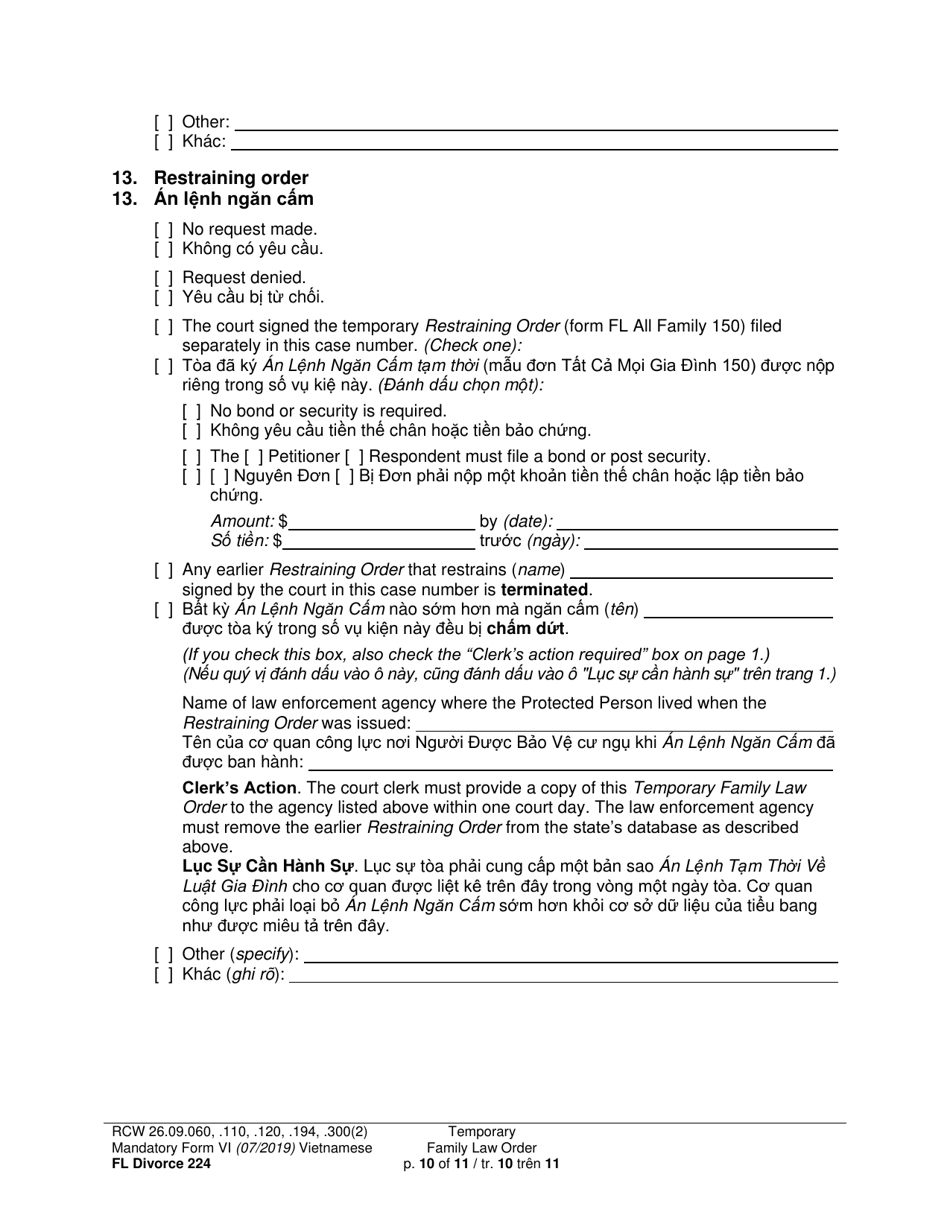 Form FL Divorce224 Temporary Family Law Order - Washington (English / Vietnamese), Page 10
