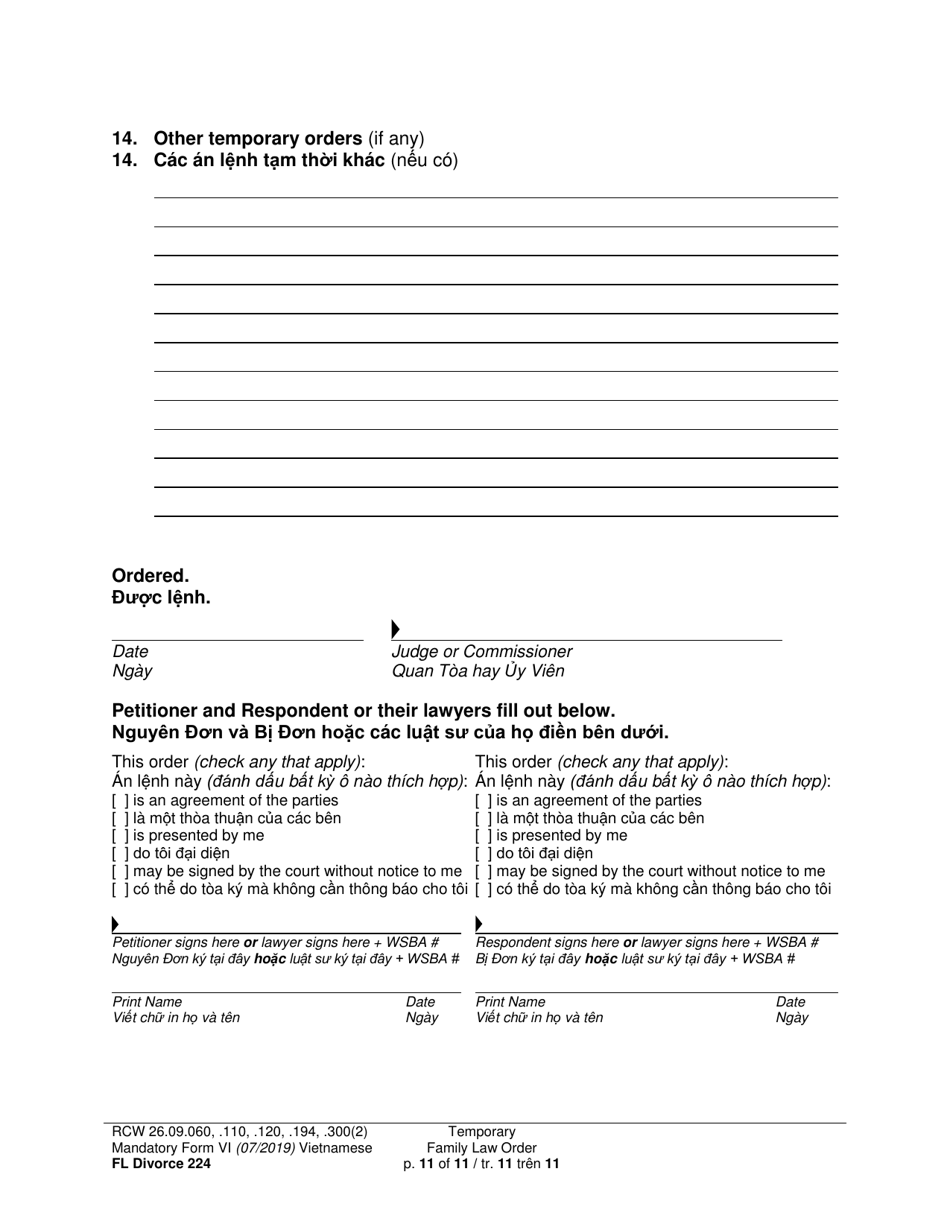 Form FL Divorce224 Temporary Family Law Order - Washington (English / Vietnamese), Page 11