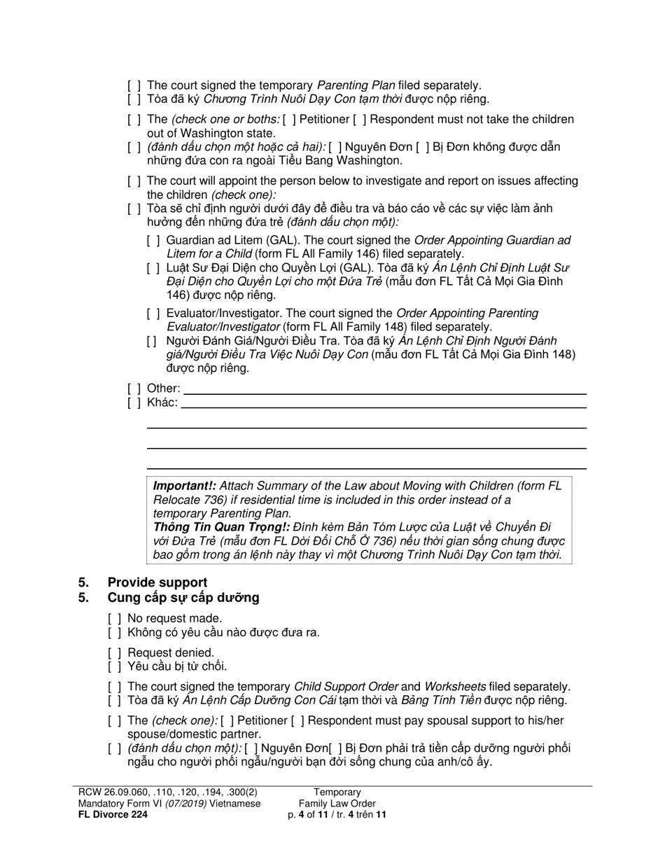 Form FL Divorce224 Temporary Family Law Order - Washington (English / Vietnamese), Page 4