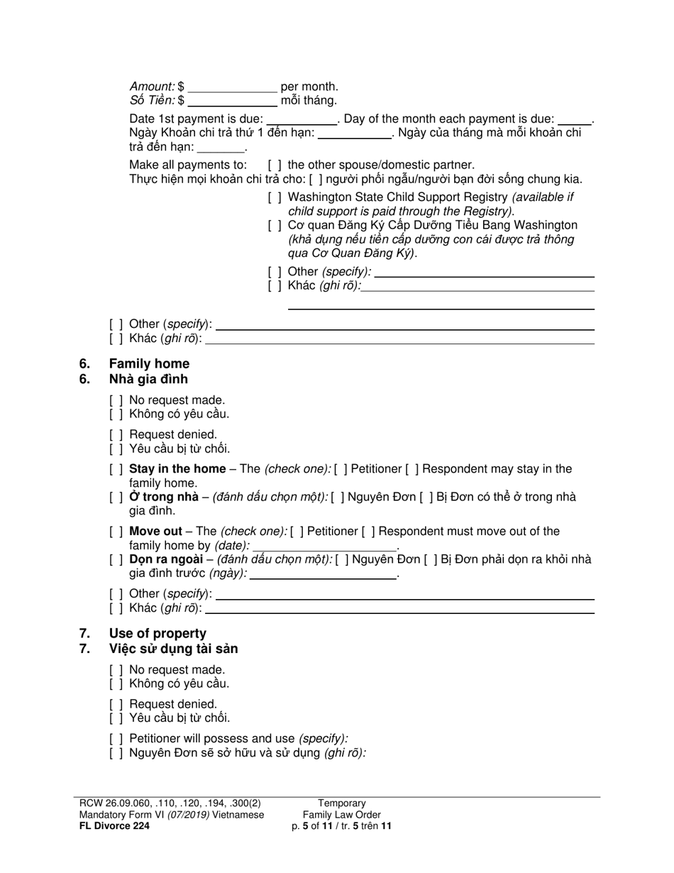 Form FL Divorce224 Temporary Family Law Order - Washington (English / Vietnamese), Page 5