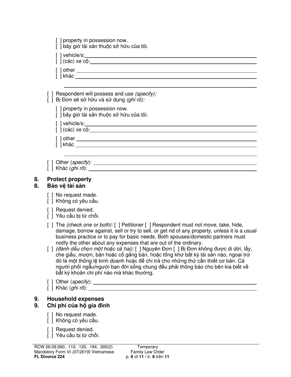Form FL Divorce224 Temporary Family Law Order - Washington (English / Vietnamese), Page 6