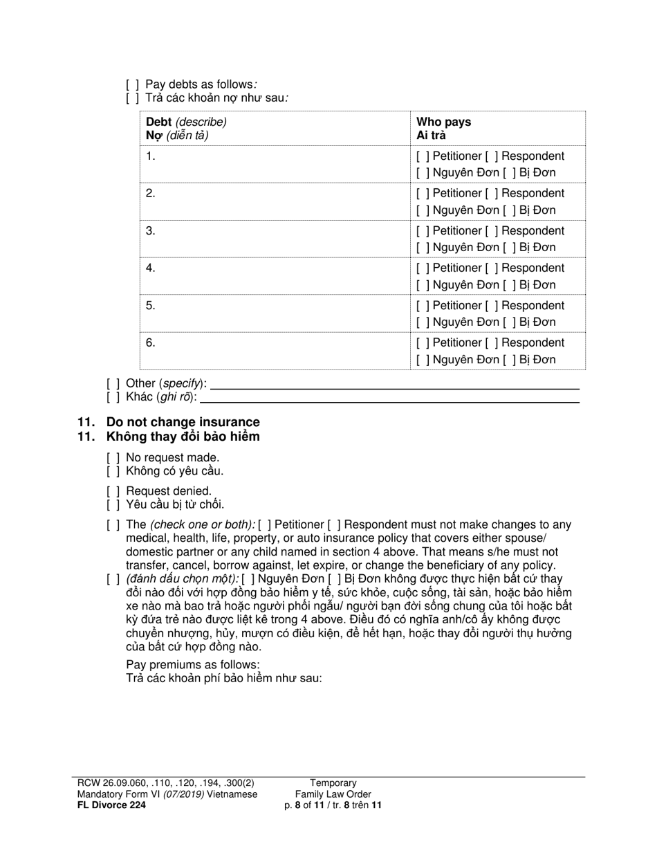 Form FL Divorce224 Temporary Family Law Order - Washington (English / Vietnamese), Page 8
