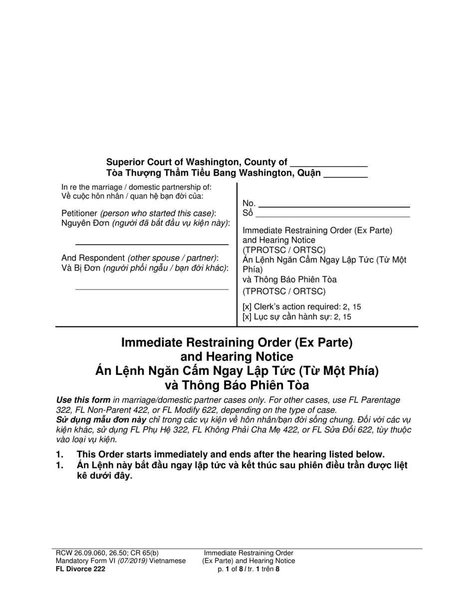 Form FL Divorce222 Immediate Restraining Order (Ex Parte) and Hearing Notice - Washington (English / Vietnamese), Page 1