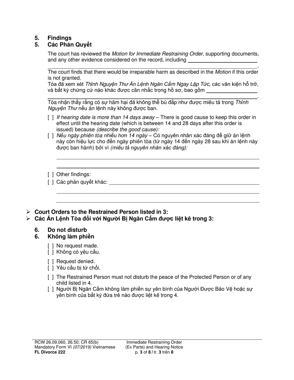 Form FL Divorce222 Immediate Restraining Order (Ex Parte) and Hearing Notice - Washington (English / Vietnamese), Page 3