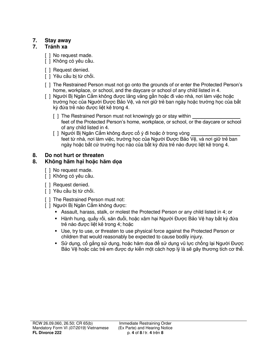 Form FL Divorce222 Immediate Restraining Order (Ex Parte) and Hearing Notice - Washington (English / Vietnamese), Page 4