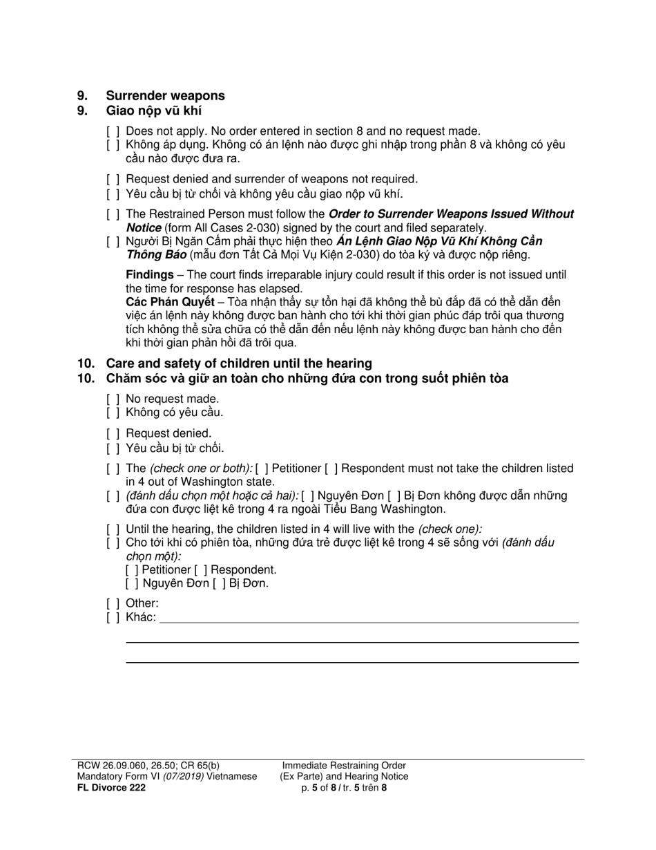 Form FL Divorce222 Immediate Restraining Order (Ex Parte) and Hearing Notice - Washington (English / Vietnamese), Page 5